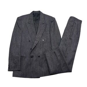 vtg 80s 90s Gray Black Stripe 40L 32x32 Double Breasted 2pc Pant Suit 100% Wool